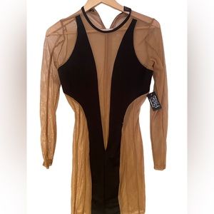 Sexy dress, NWT.  Color brown sheer with black panels. Zipper back. Size L